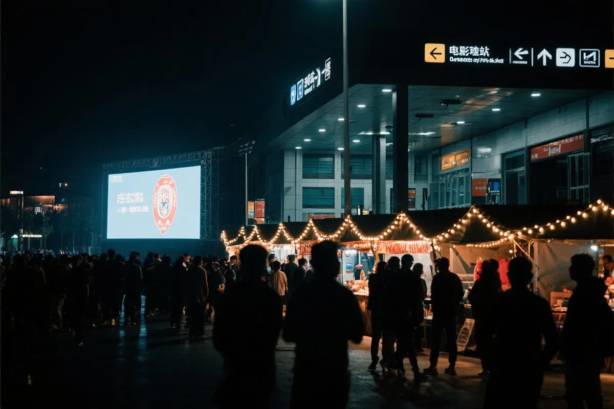 费城球迷广场夜景：大屏观赛人群、步行指示牌与公共交通入口